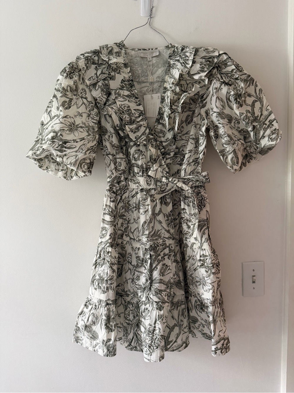 NWT Caroline Constas Floral Print Ruffled Wrap Mini Dress in Ivory/Green Small